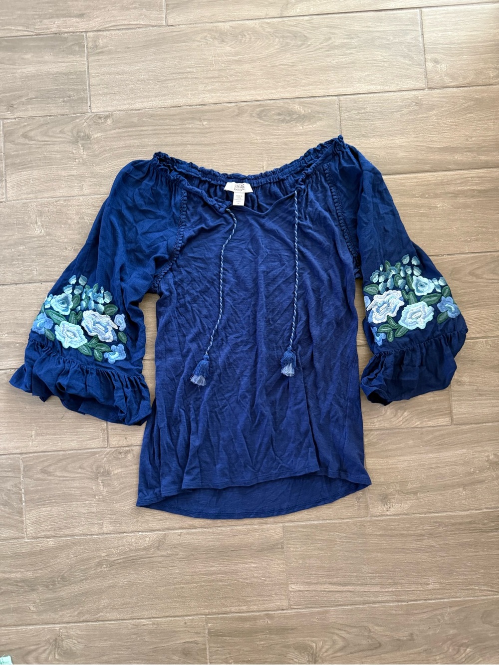 Vintage America Navy Blue Tunic Floral Sleeve Embroidery, Boho, Size Medium